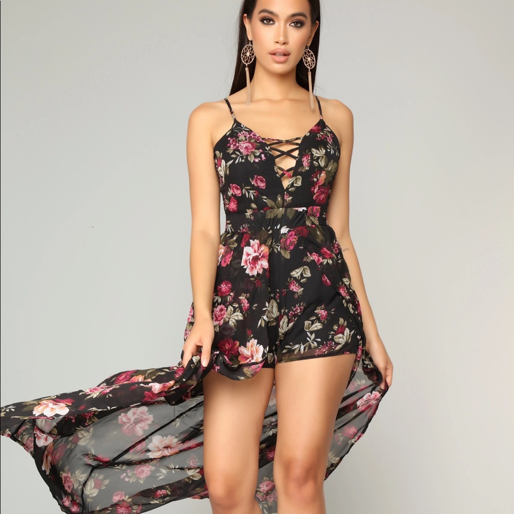 New Fashion Nova Black Floral Chiffon Maxi Romper
